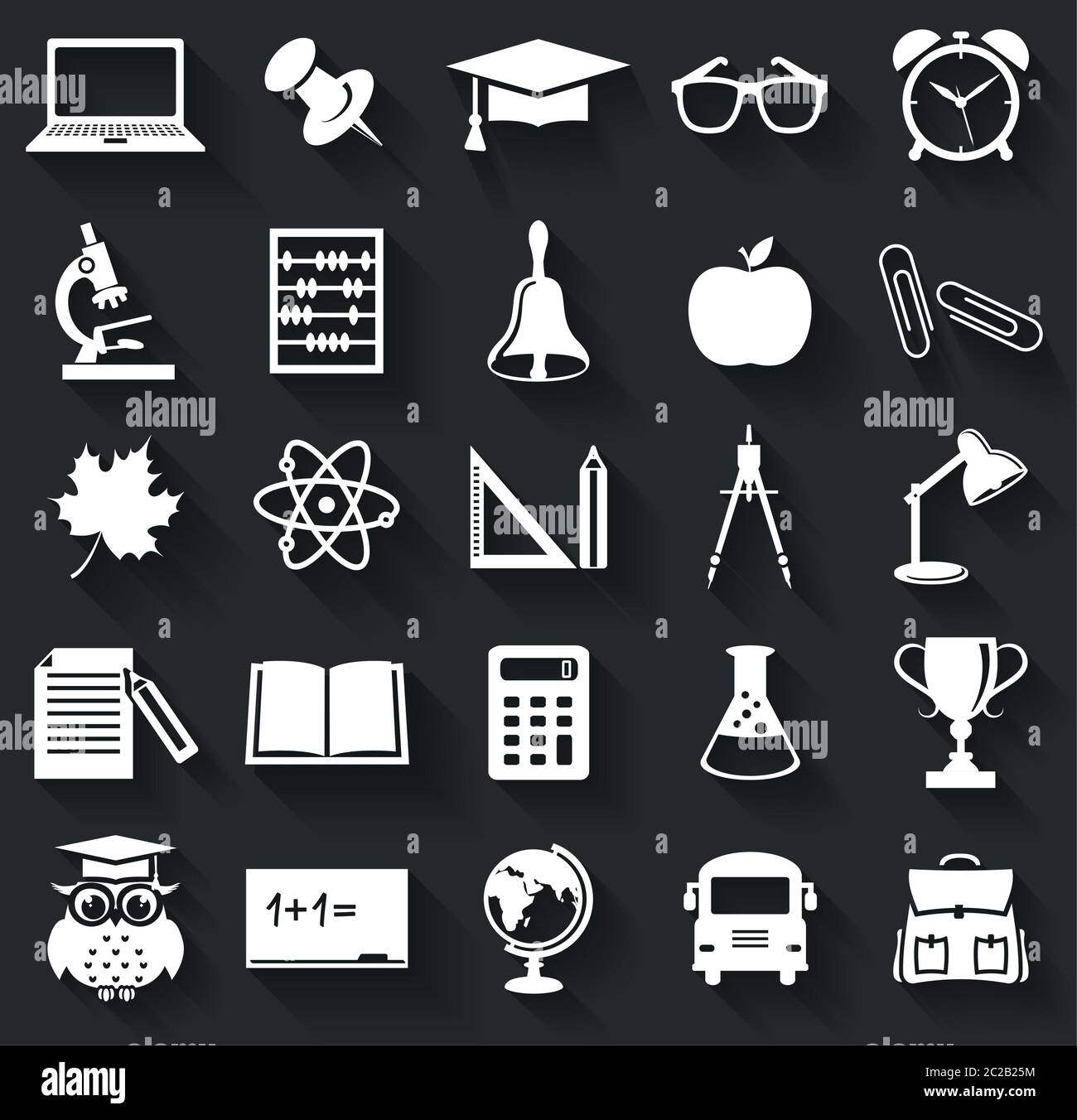 Back to school. Collection of school and education icons. Flat symbols with long shadows. Vector illustration. Stock Vector