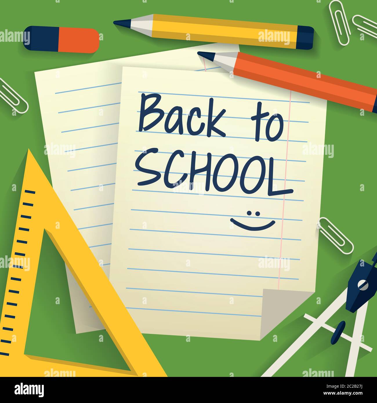 Back to school. Background with stationery, lined sheets of paper and place for text. Flat design. Vector illustration. Stock Vector