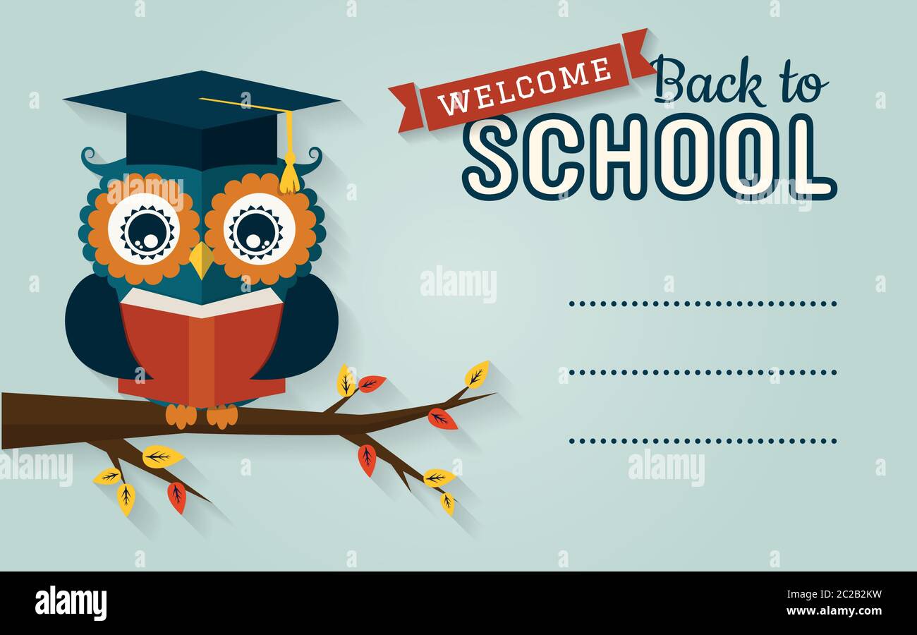 Back to school. Vector card with place for text. Wise owl with book and graduate cap. Flat design. Stock Vector