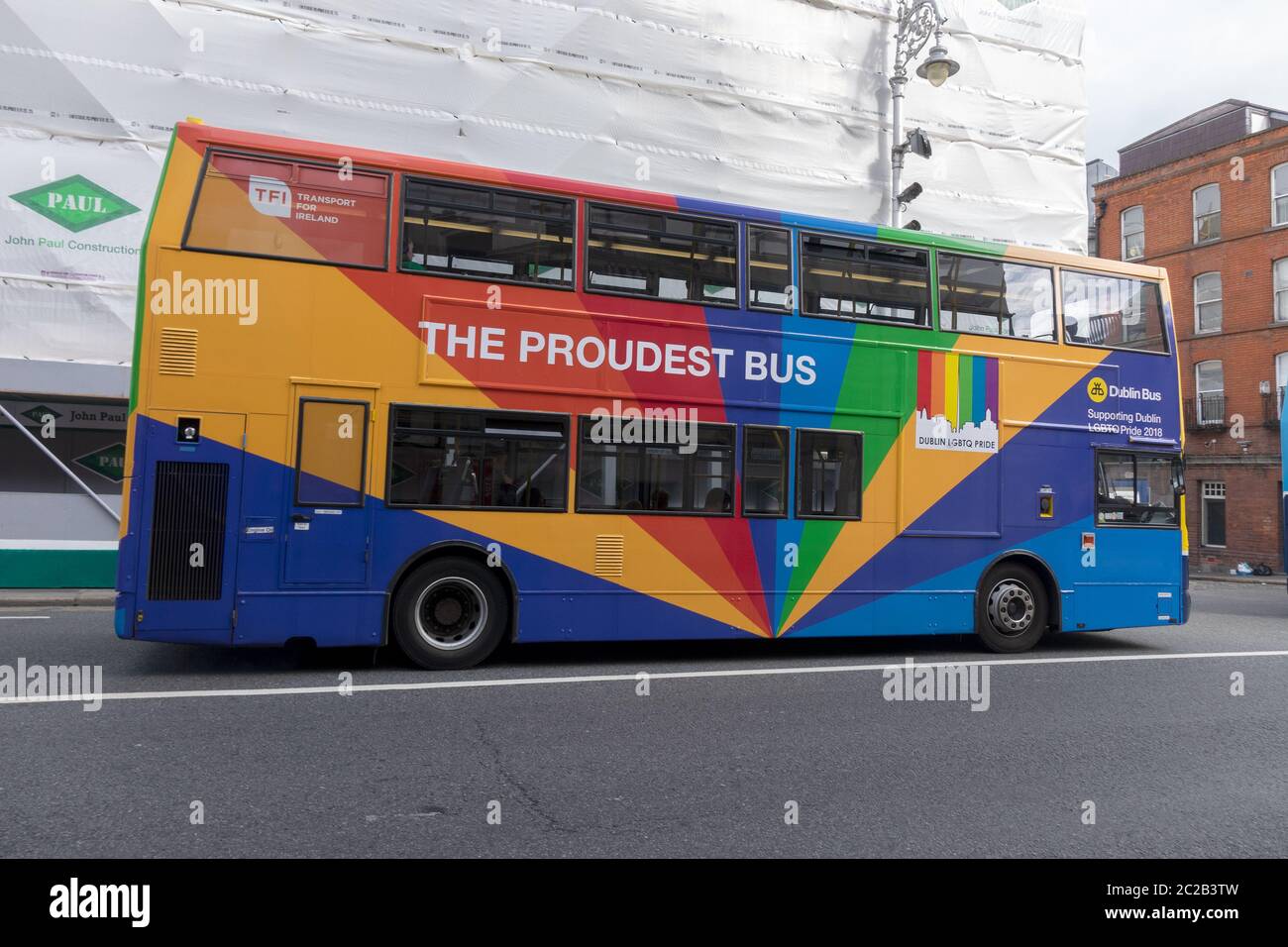 Dublin Double Deck Bus With LGBTQ Pride Graphic Wrap Livery Supporting Dublin Pride 2018 Stock Photo