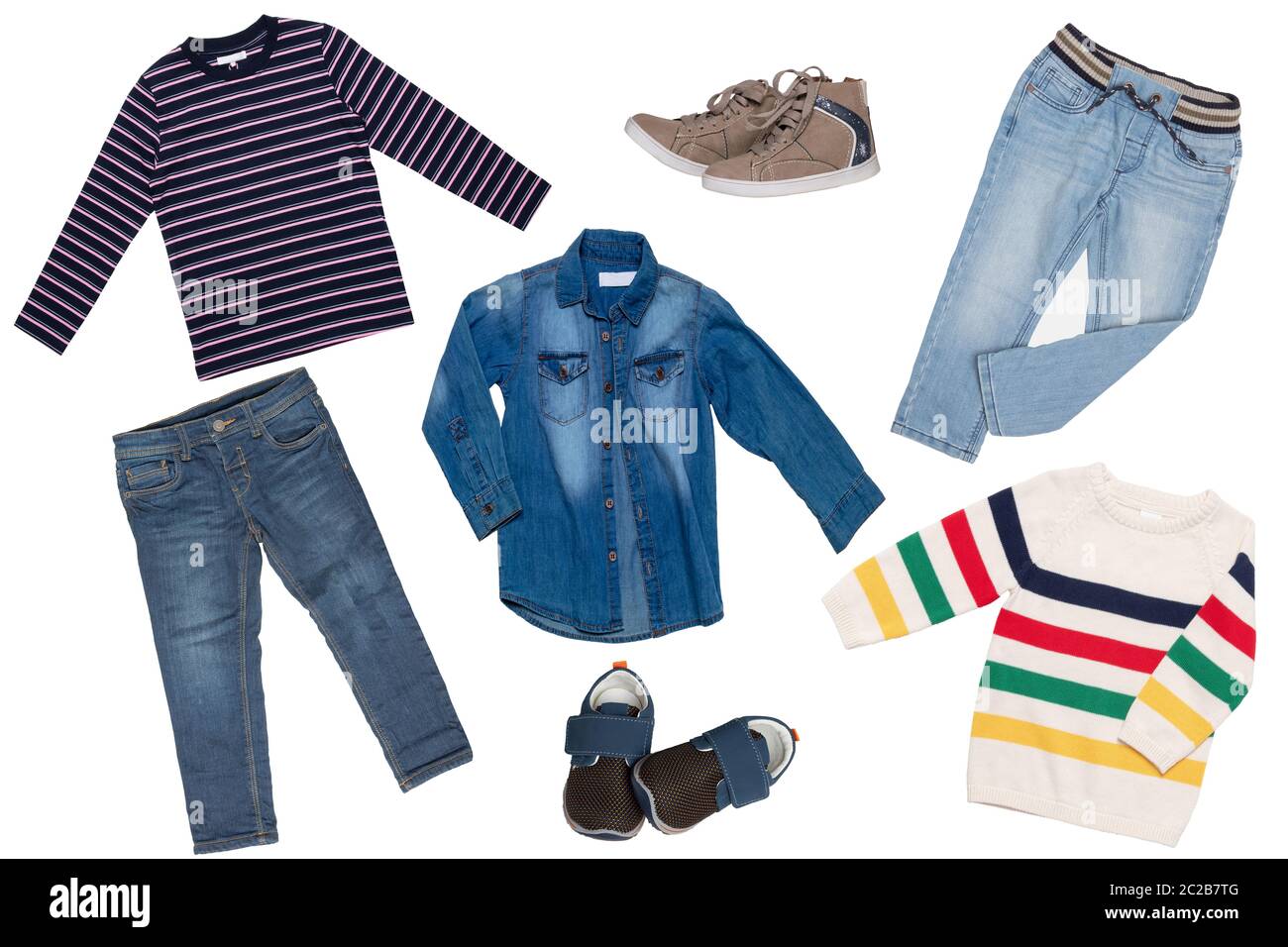 Collage set of children clothes. Denim jeans or pants, two pair shoes, a  jeans shirt, striped shirt and a sweater for child boy isolated on a white  ba Stock Photo - Alamy