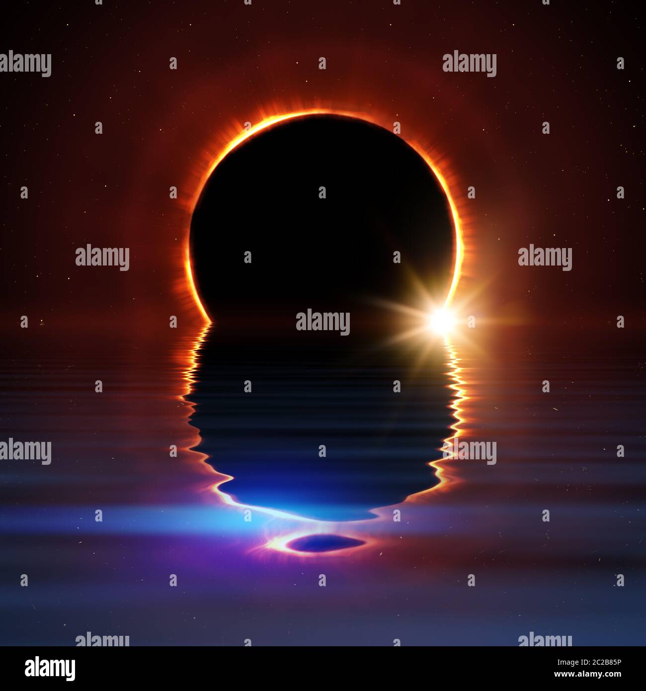 total sun eclipse water reflection with stars and flare Stock Photo Alamy