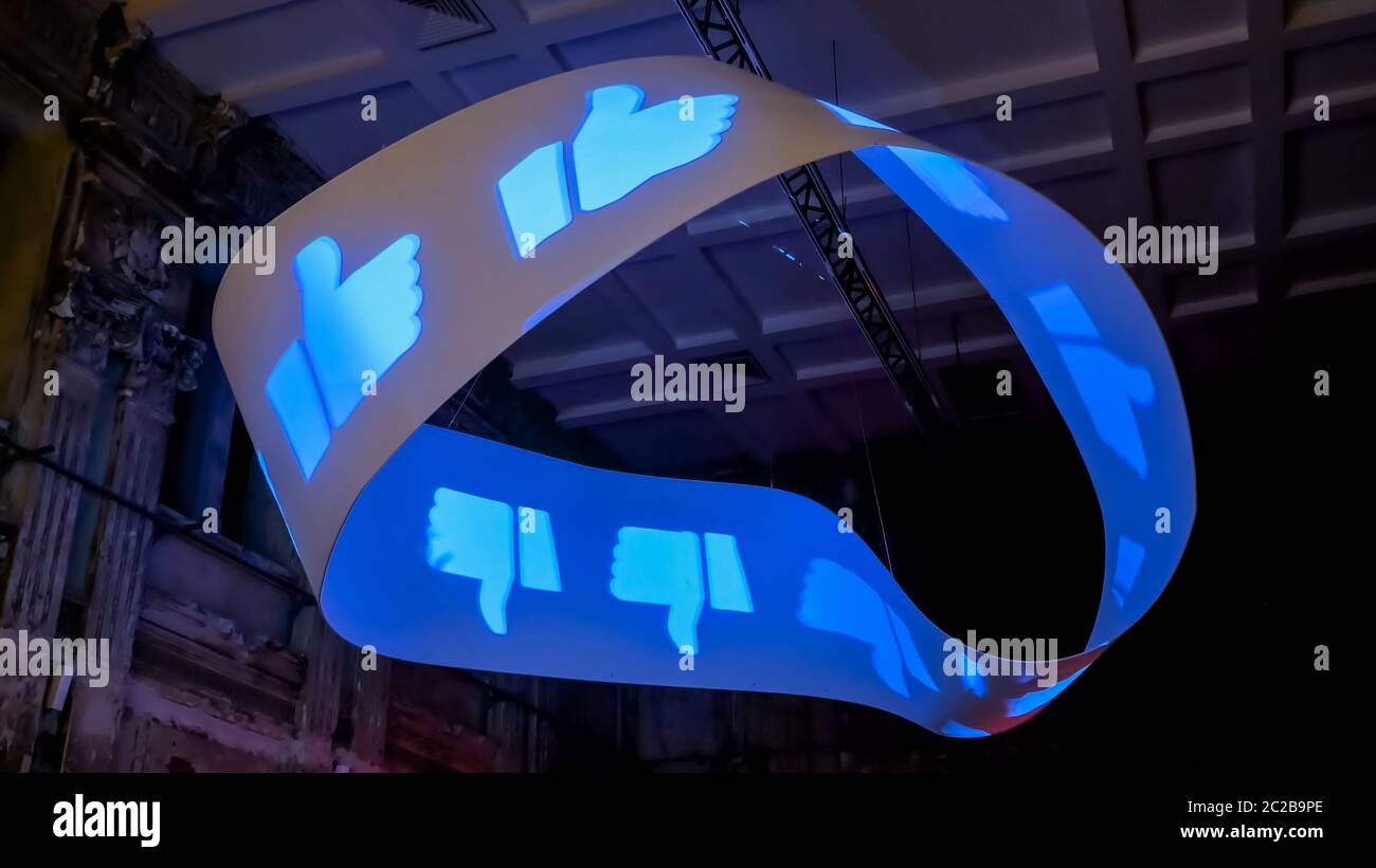 MOSCOW, RUSSIA - AUGUST 01, 2019: Media Exhibition. Interactive installation - moving thumb up and thumbs down signal - like/dislike. Social media Stock Photo