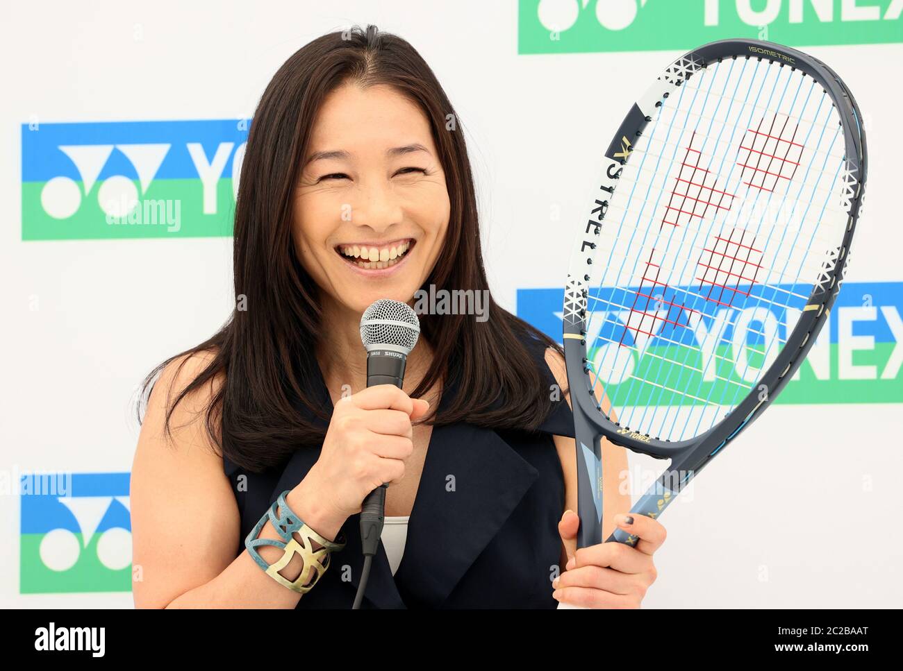 Tokyo, Japan. 17th June, 2020. Japanese former professional tennis player  Kimiko Date smiles as she displays Yonex's new tennis racket "Astrel" in  Tokyo on Wednesday, June 17, 2020. Date also announced she