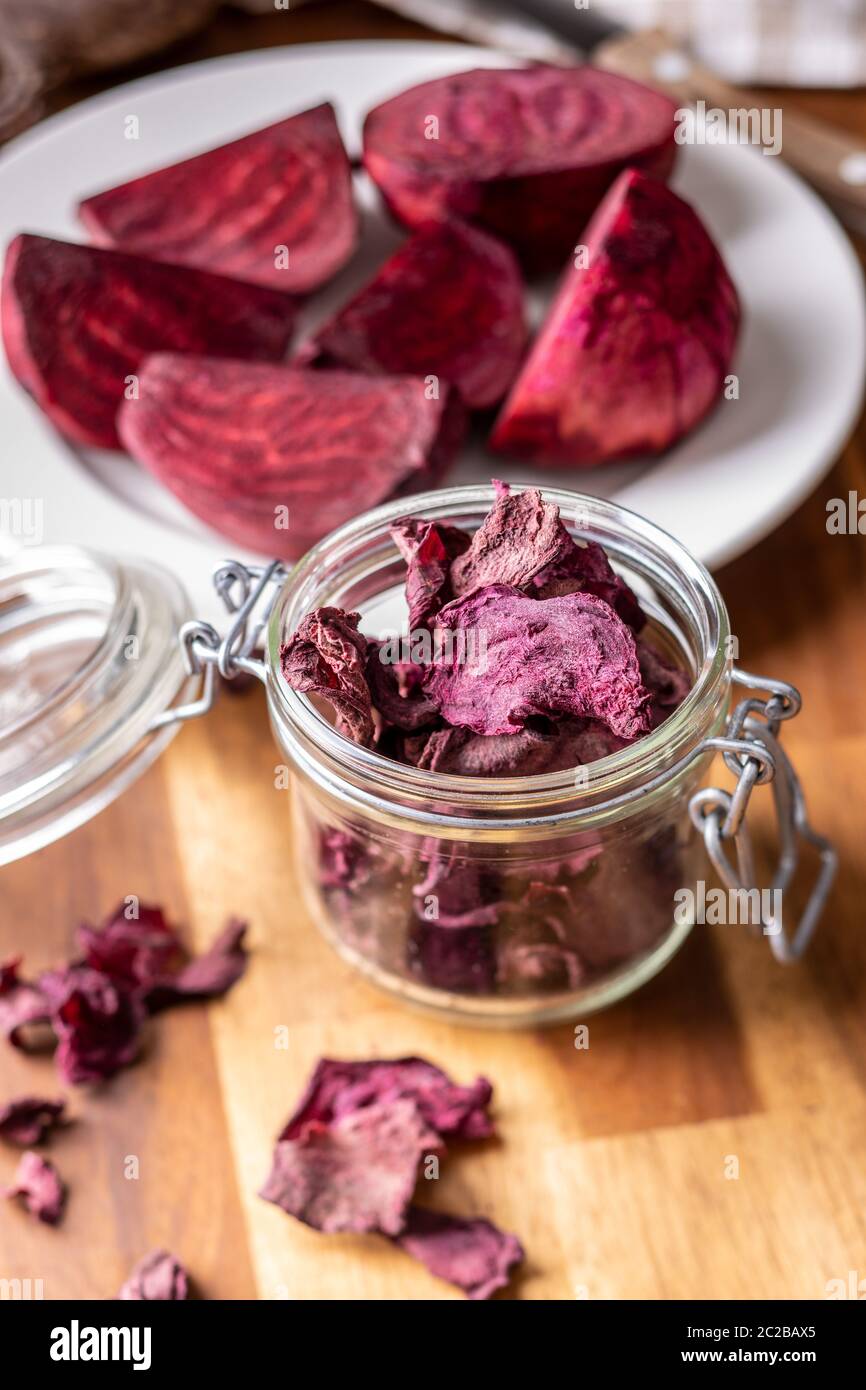 Tasty raw beetroot. Dried beetroot in jar. Stock Photo