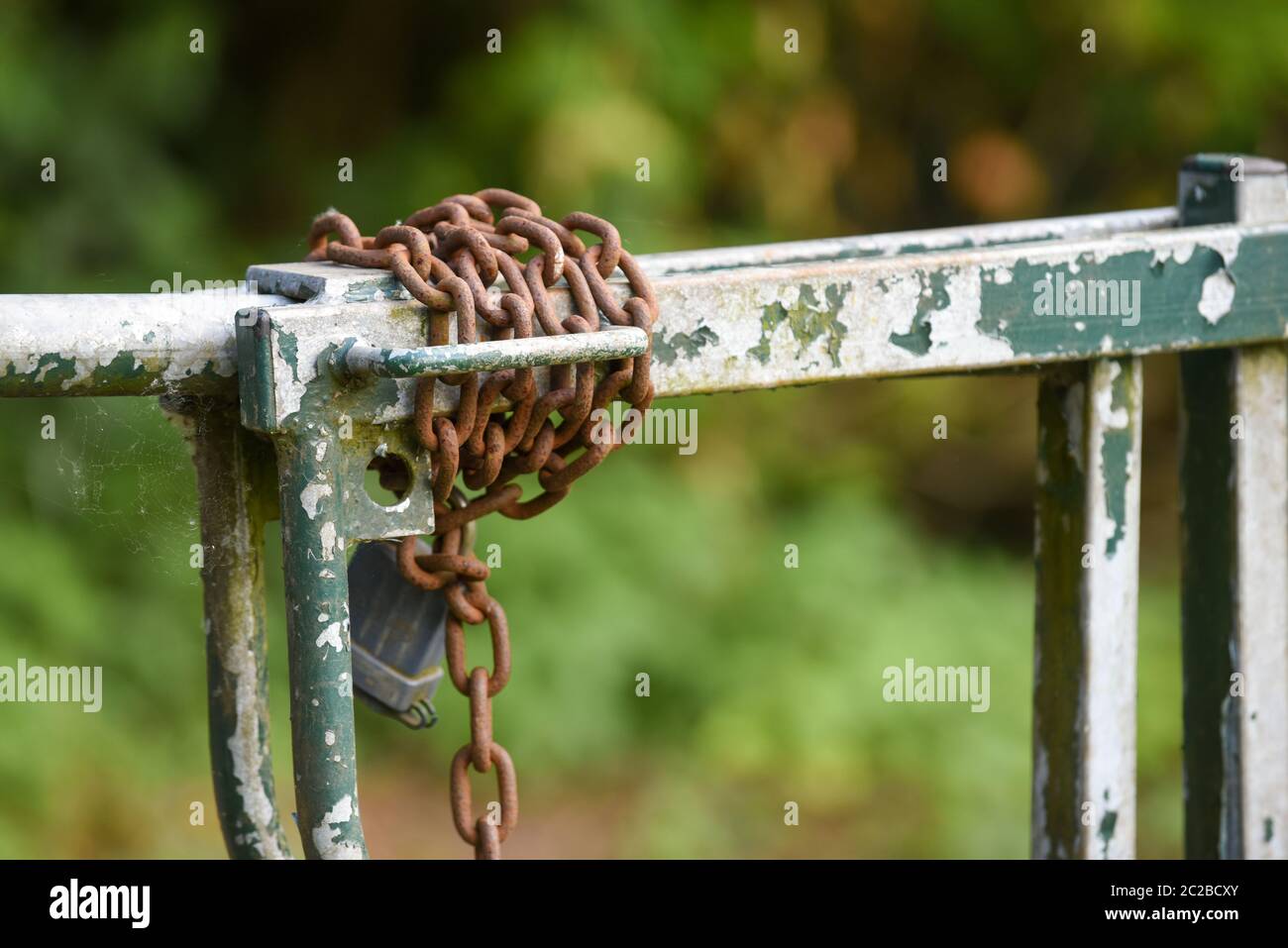 Metal gate closed outside with a padlock and chain Stock Photo