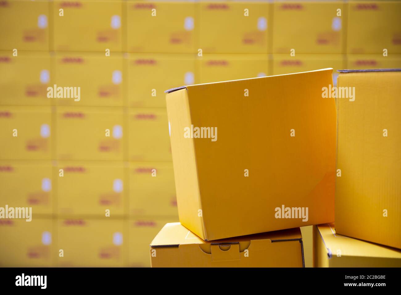 Yellow transportation boxes packages Stock Photo Alamy