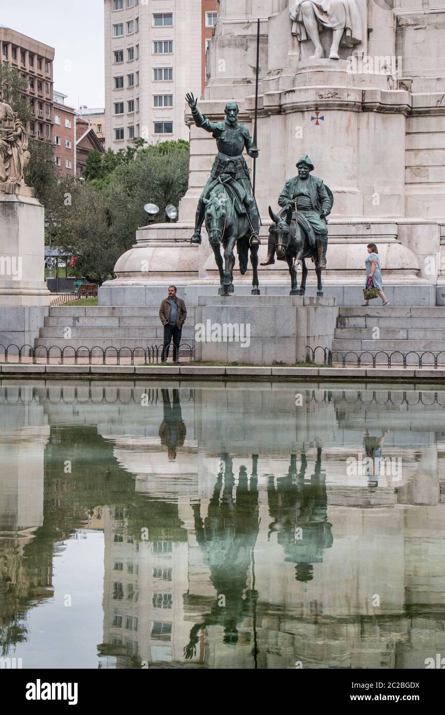 Section of the Cervantes Monument including the equestrian statues of Don Quixote and Sancho Panza: Plaza de Espana Madrid Stock Photo