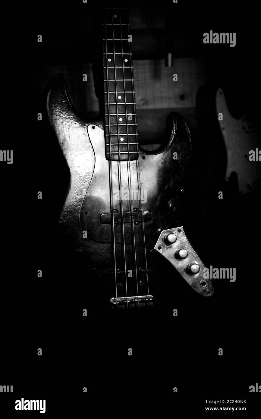Bass Guitar In Music Studio. Musical Instruments and Equipment Stock