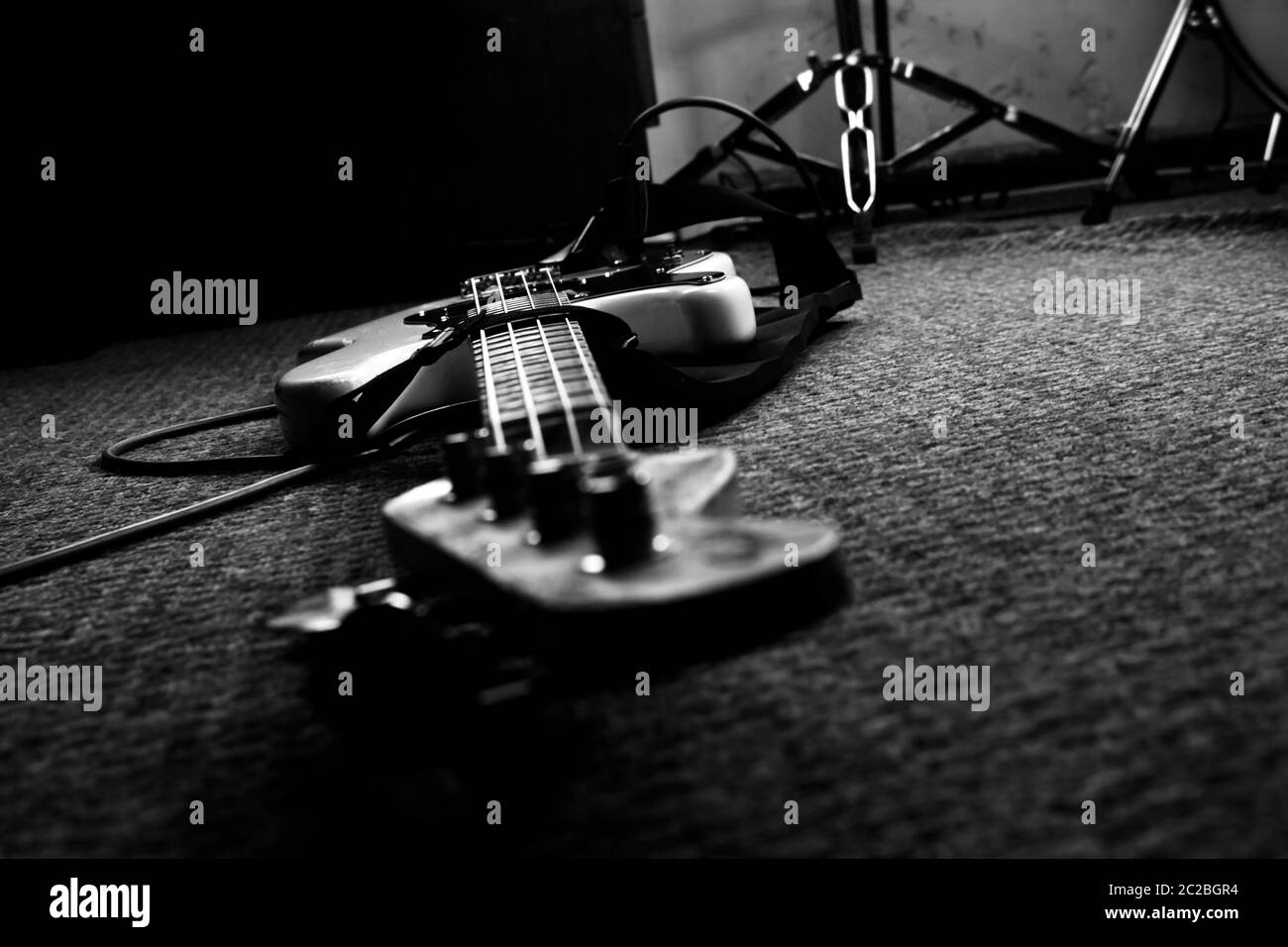 Bass Guitar In Music Studio. Musical Instruments and Equipment Stock