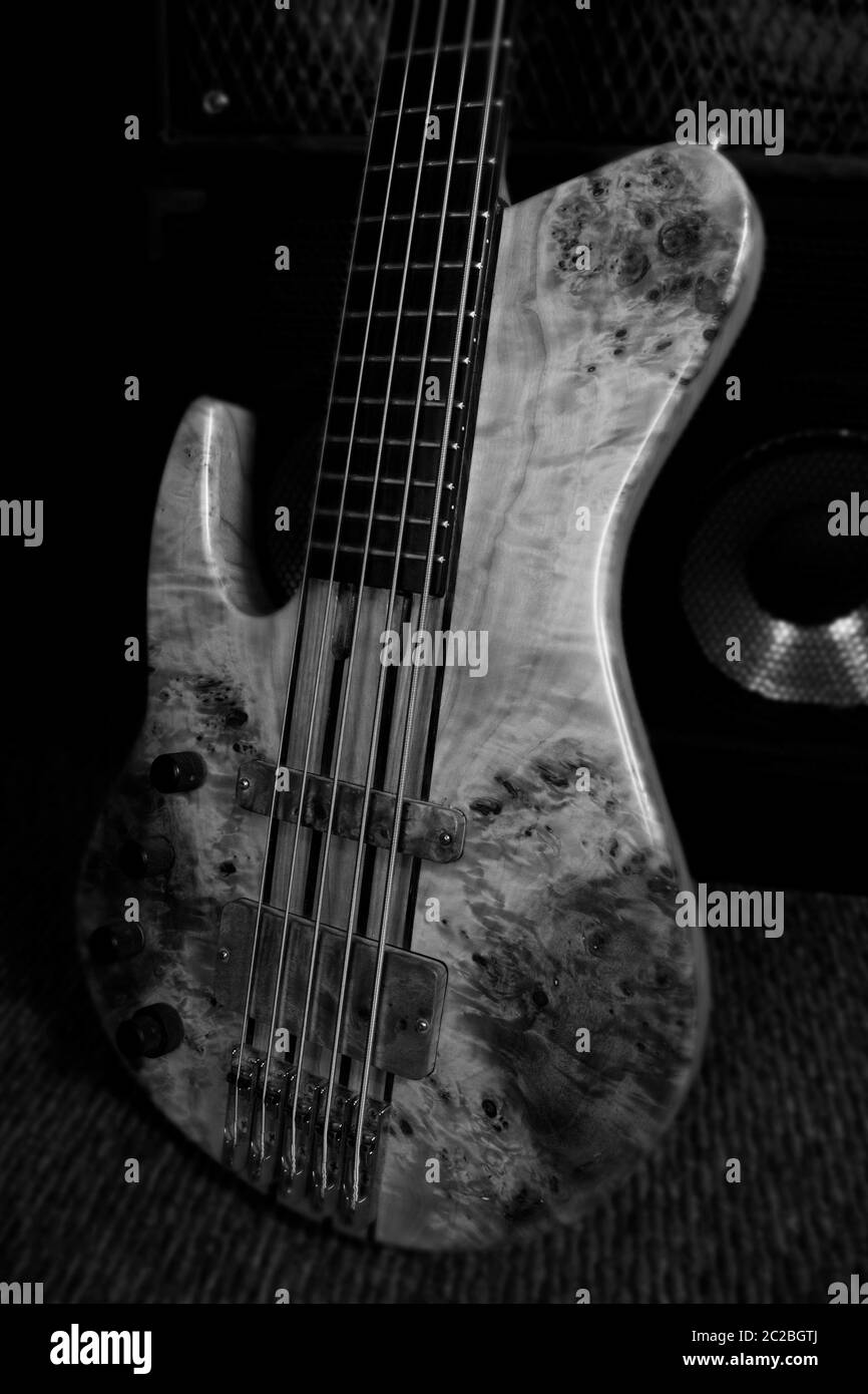 Bass Guitar In Music Studio. Musical Instruments and Equipment Stock