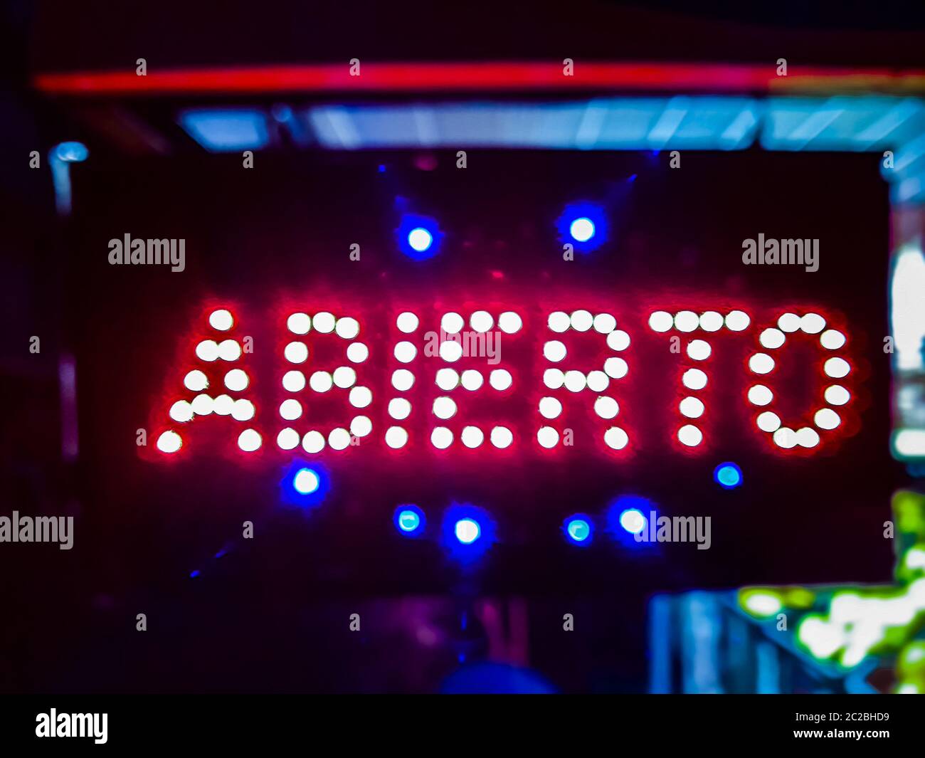 Open Neon Sign Night Urban Scene Stock Photo