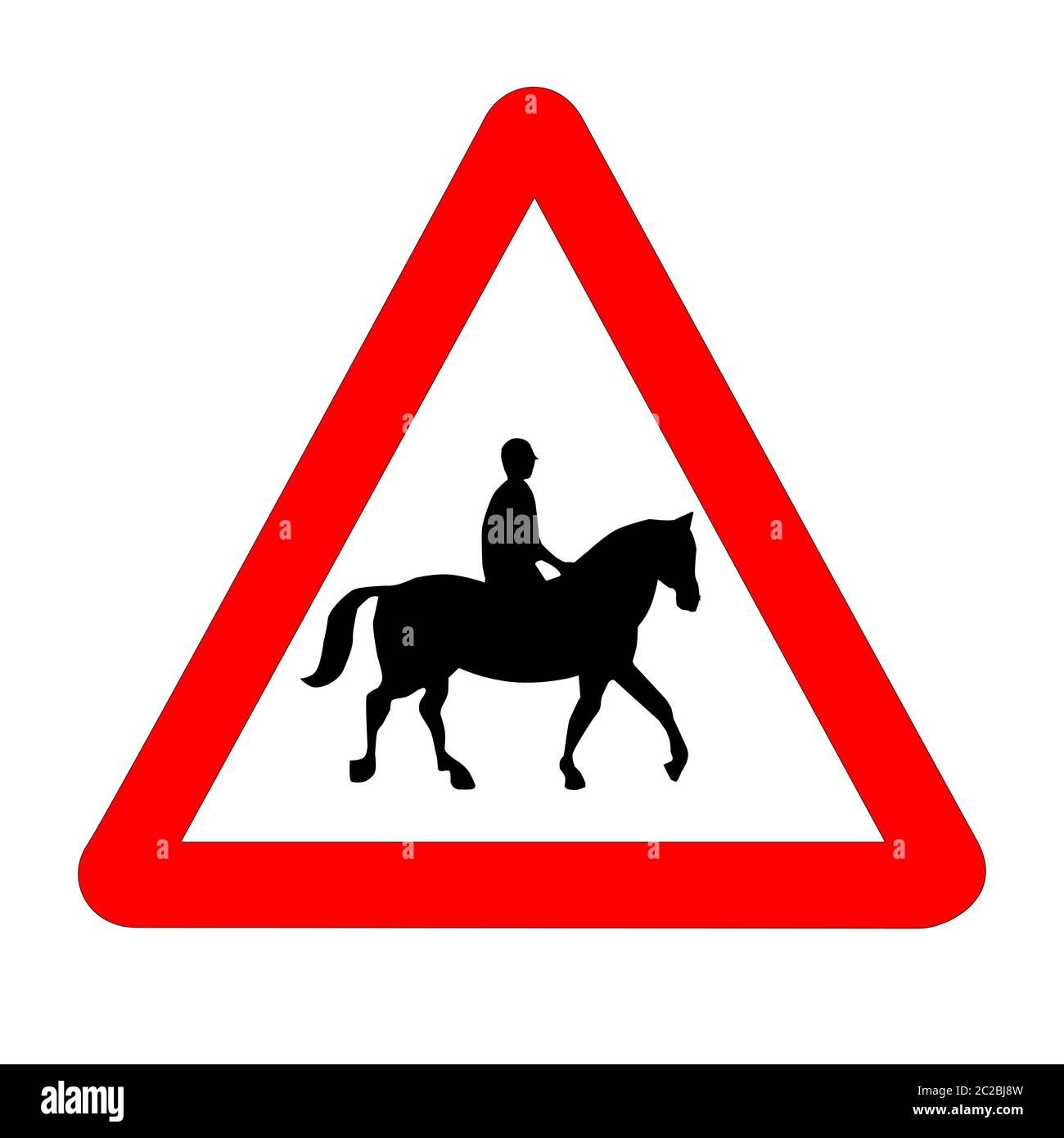 The traditional HORSE AND RIDER triangle, traffic sign isolated on a white background.. Stock Photo