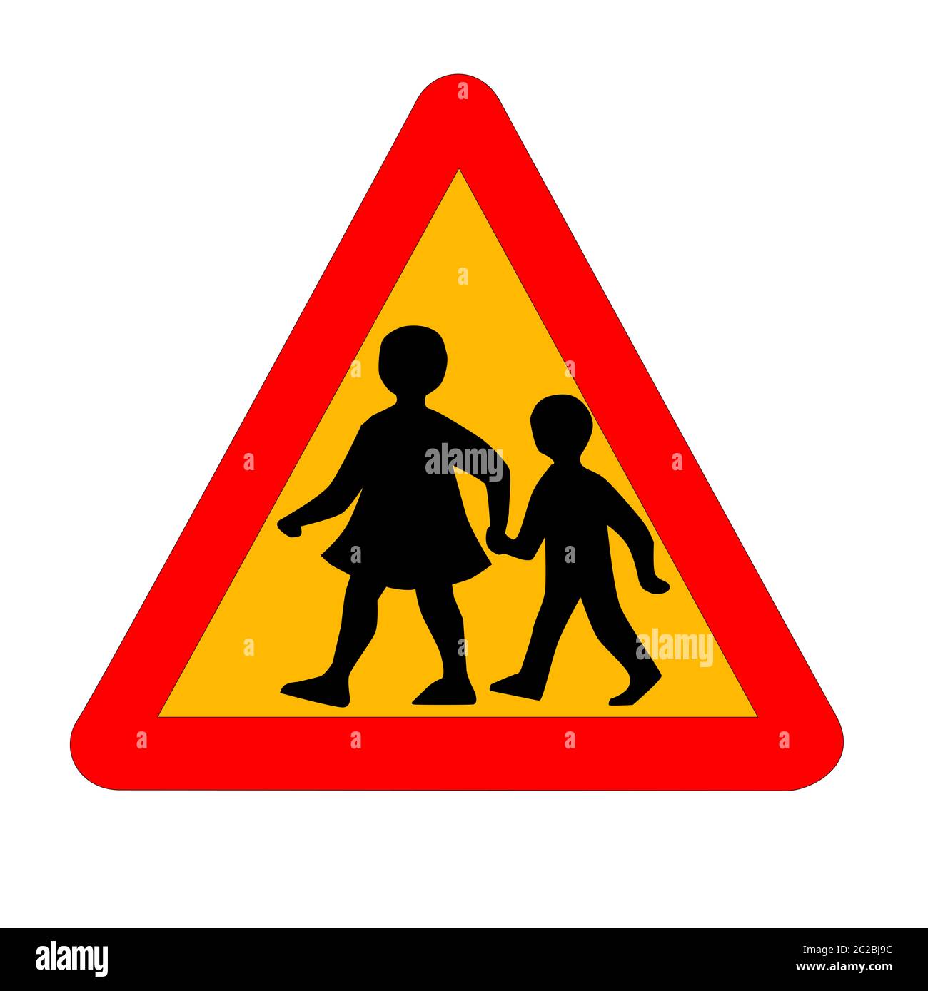 The traditional amber 'children crossing' traffic sign isolated on a white background.. Stock Photo