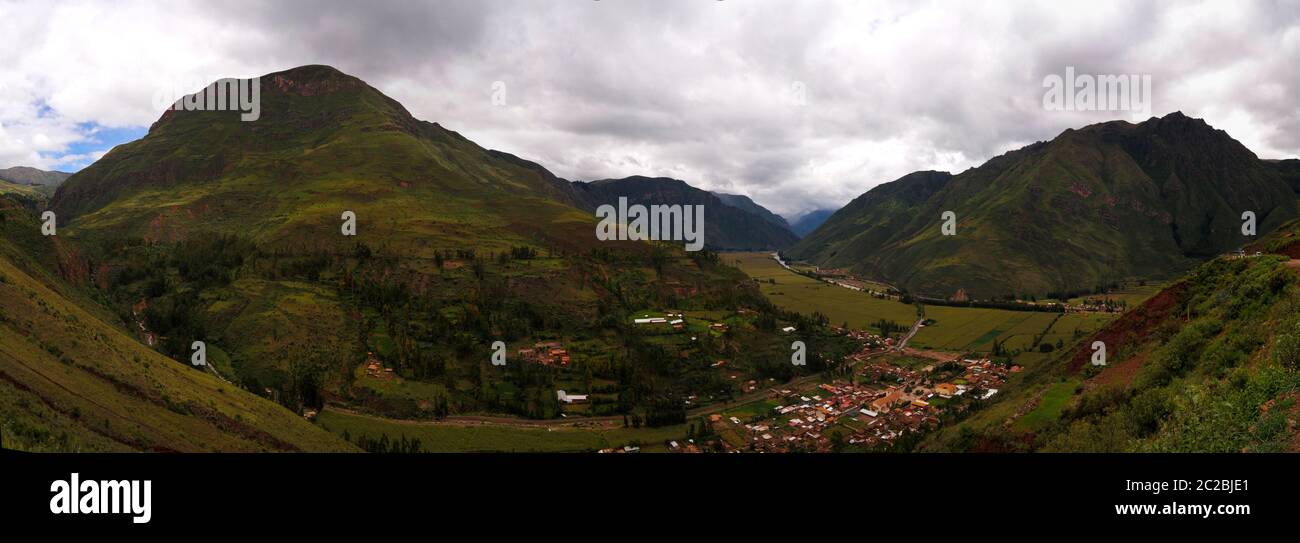 Aerial Landscape panoramic view to Urubamba river and sacred valley from Taray viewpoint near Pisac, Cuzco, Peru Stock Photo