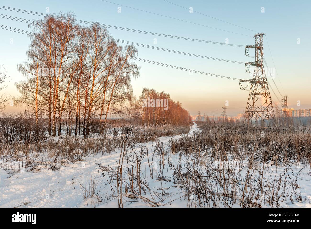 Winter suburban landscape with power line Stock Photo