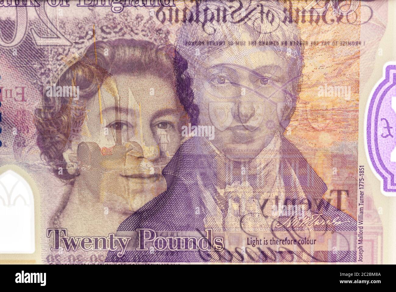 UK polymer 20 pound note,with queens head on one side and JMW Turner’s self-portrait on the reverse. Stock Photo