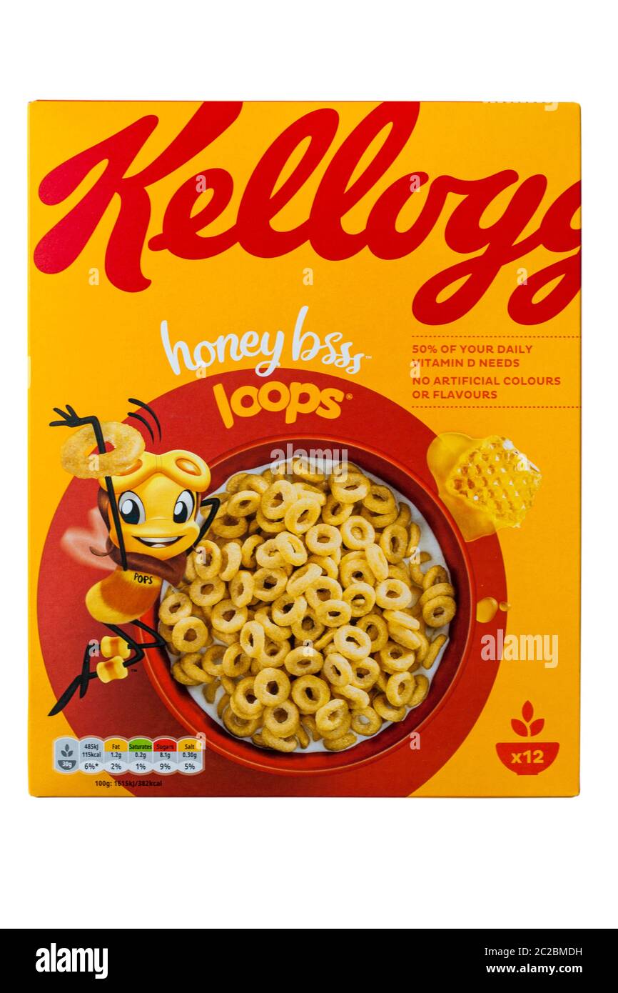 Box of Kelloggs Honey Loops, Honey Bsss Loops, cereals, breakfast cereal  isolated on white background - Kelloggs cereal Kellogs cereal Kellogg  cereal Stock Photo - Alamy