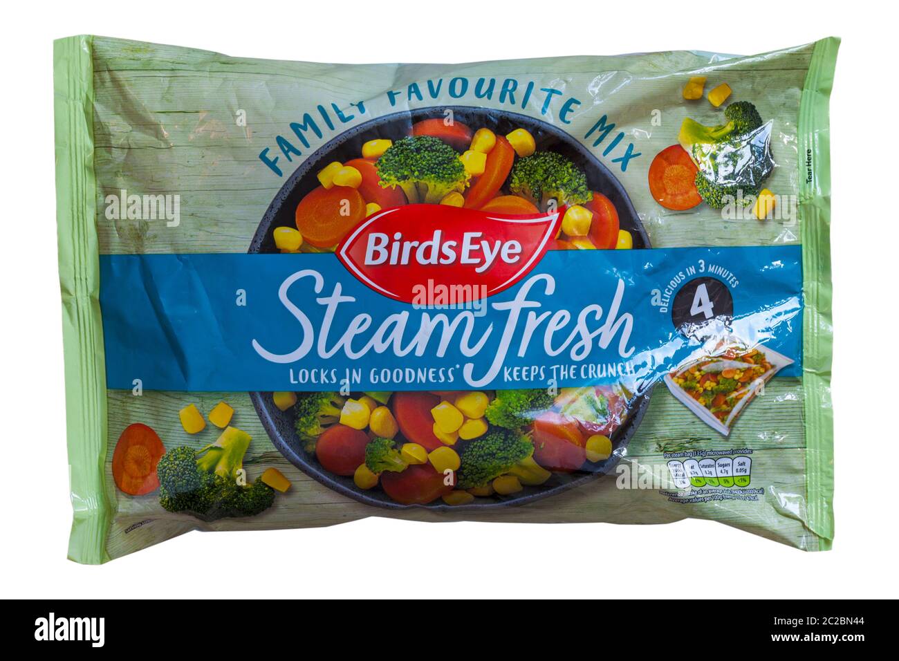 bag of Birds Eye Steam Fresh family favourite mix vegetables locks in goodness keeps the crunch isolated on white background - frozen mixed vegetables Stock Photo