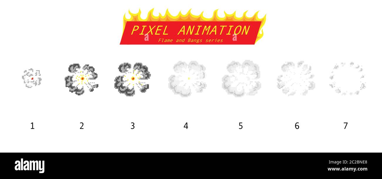 Pixel art 8 bit fire objects. Game icons set. Comic boom flame effects.  Bang burst explode flash dynamite with smoke. Digital icons. Animation  Process Stock Vector Image & Art - Alamy