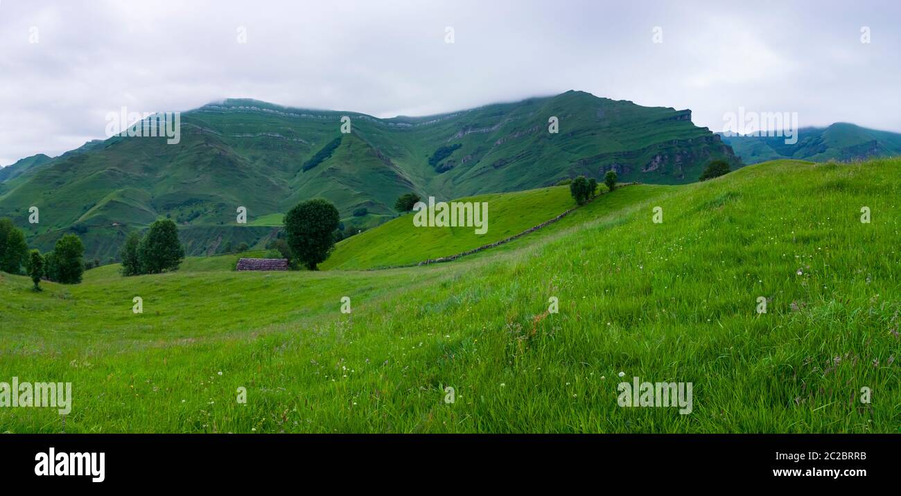 Spring landscape of pasiegas cabins and meadows in the Miera Valley in the Autonomous Community of Cantabria. Spain, Europe Stock Photo