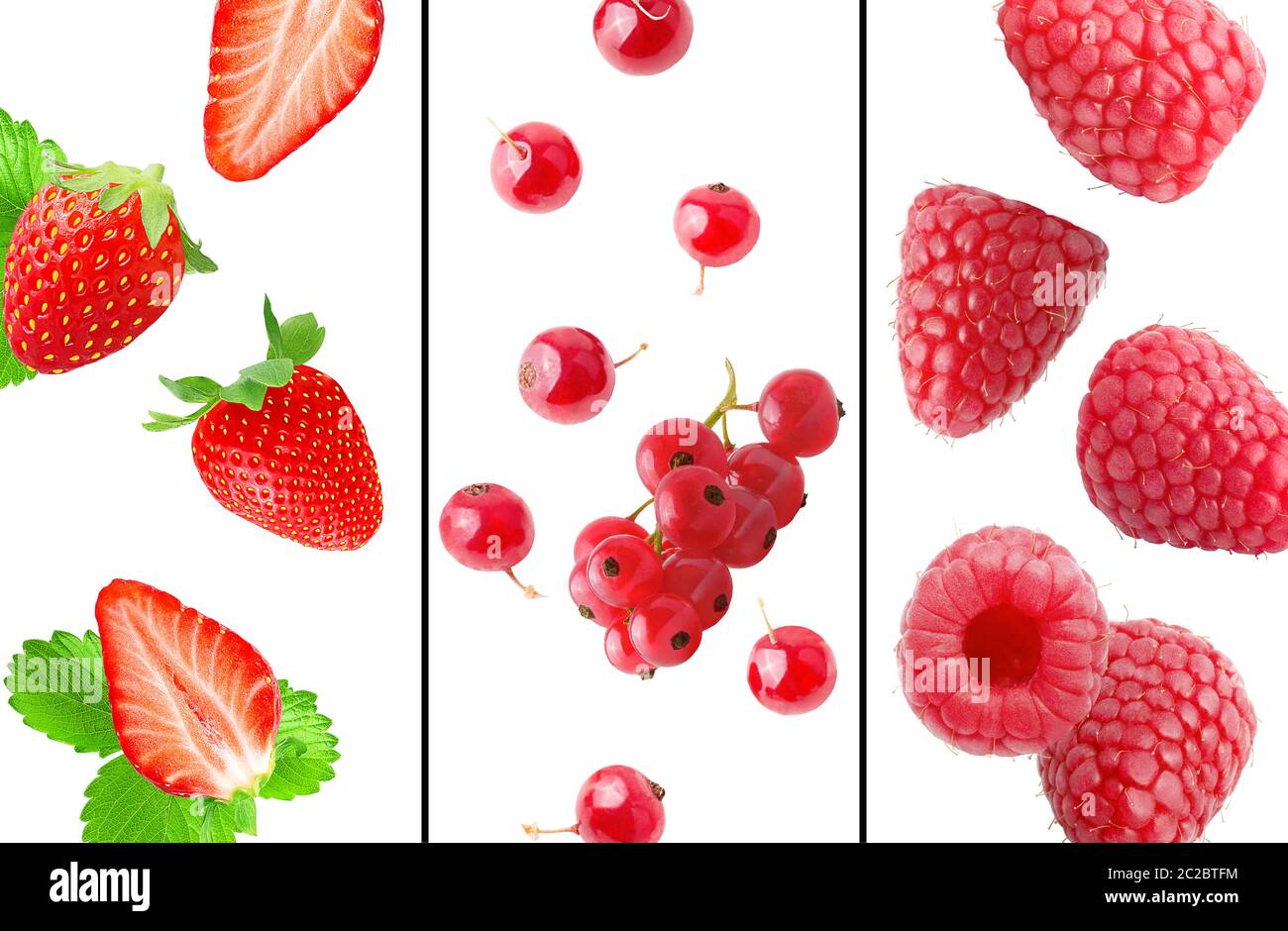 Collage from photos of fresh ribes, strawberries and raspberries. From ...