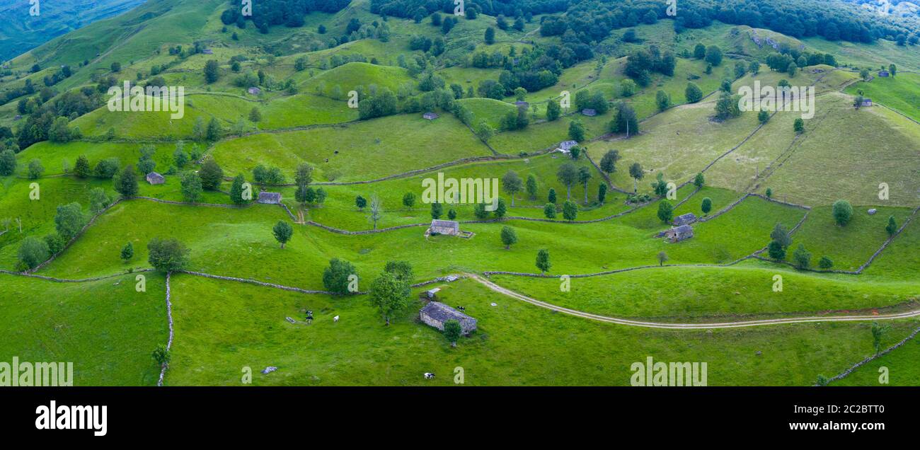 Aerial view with a drone of the spring landscape of pasiegas cabins and meadows in Miera Valley in Autonomous Community of Cantabria. Spain, Europe Stock Photo