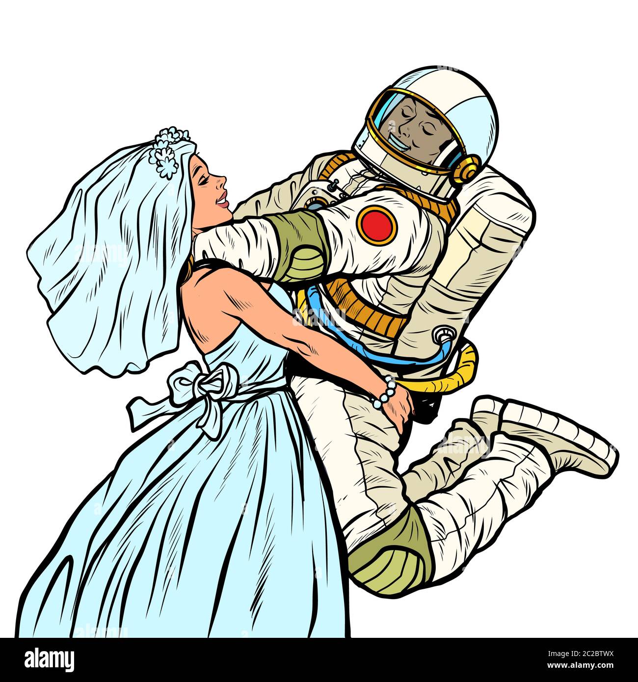 bride and groom at the wedding. astronaut and his wife. Pop art retro vector illustration drawing Stock Photo