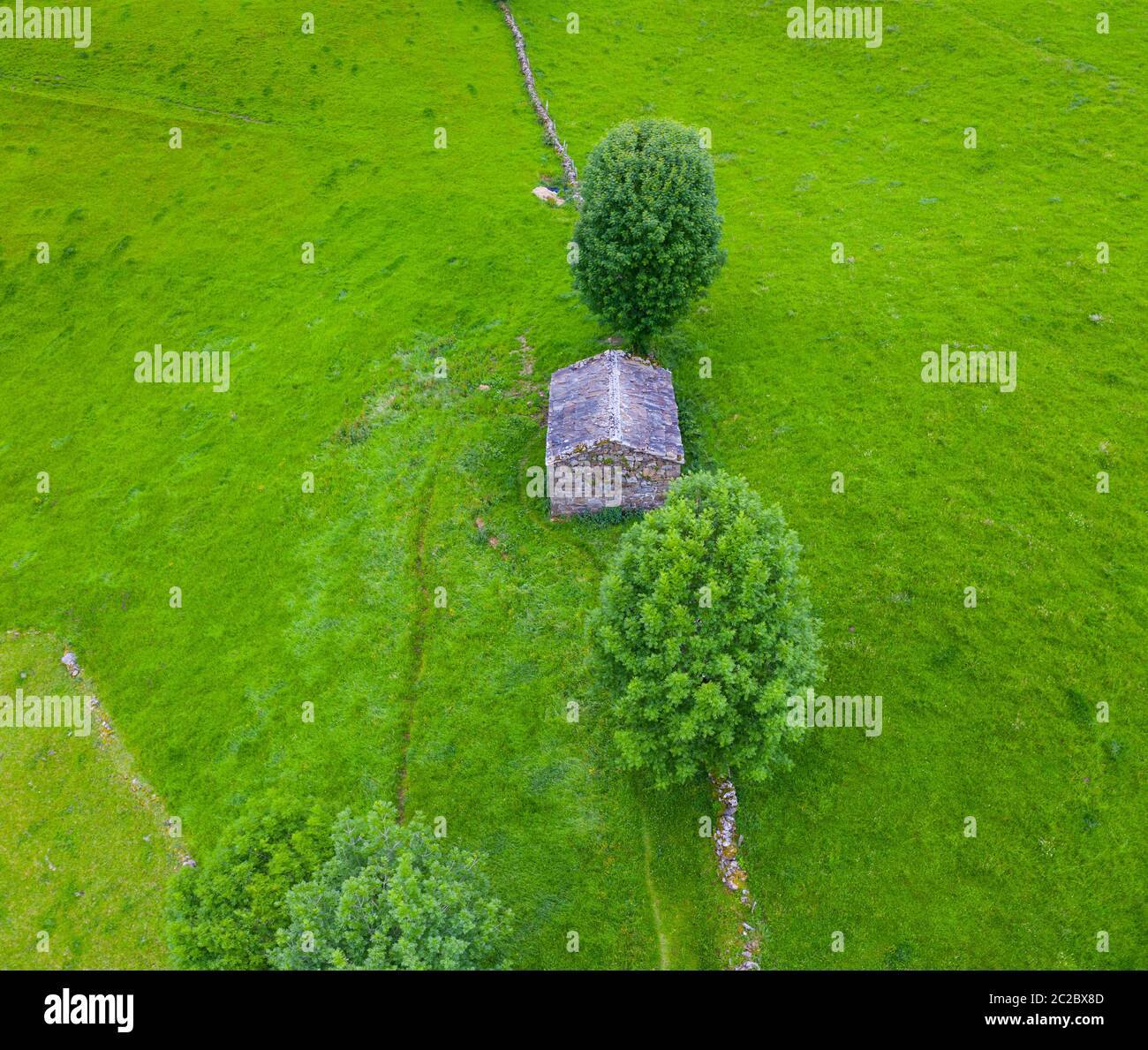 Aerial view with a drone of the spring landscape of pasiegas cabins and meadows in Miera Valley in Autonomous Community of Cantabria. Spain, Europe Stock Photo