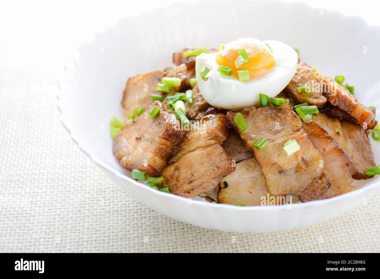 Bowl of rice topped with Braised pork belly and boiled egg, Japanese