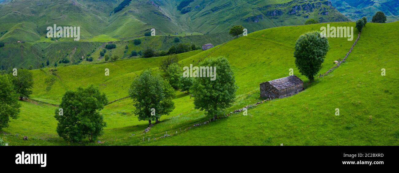 Aerial view with a drone of the spring landscape of pasiegas cabins and meadows in Miera Valley in Autonomous Community of Cantabria. Spain, Europe Stock Photo