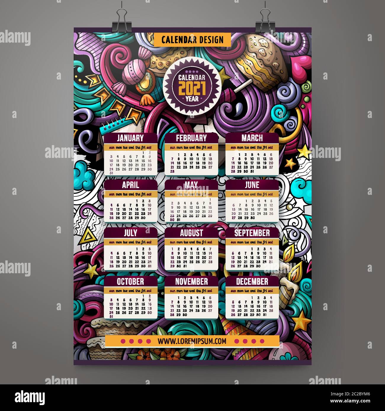 Cartoon colorful hand drawn doodles Holidays 2021 year calendar template  Stock Vector Image & Art - Alamy