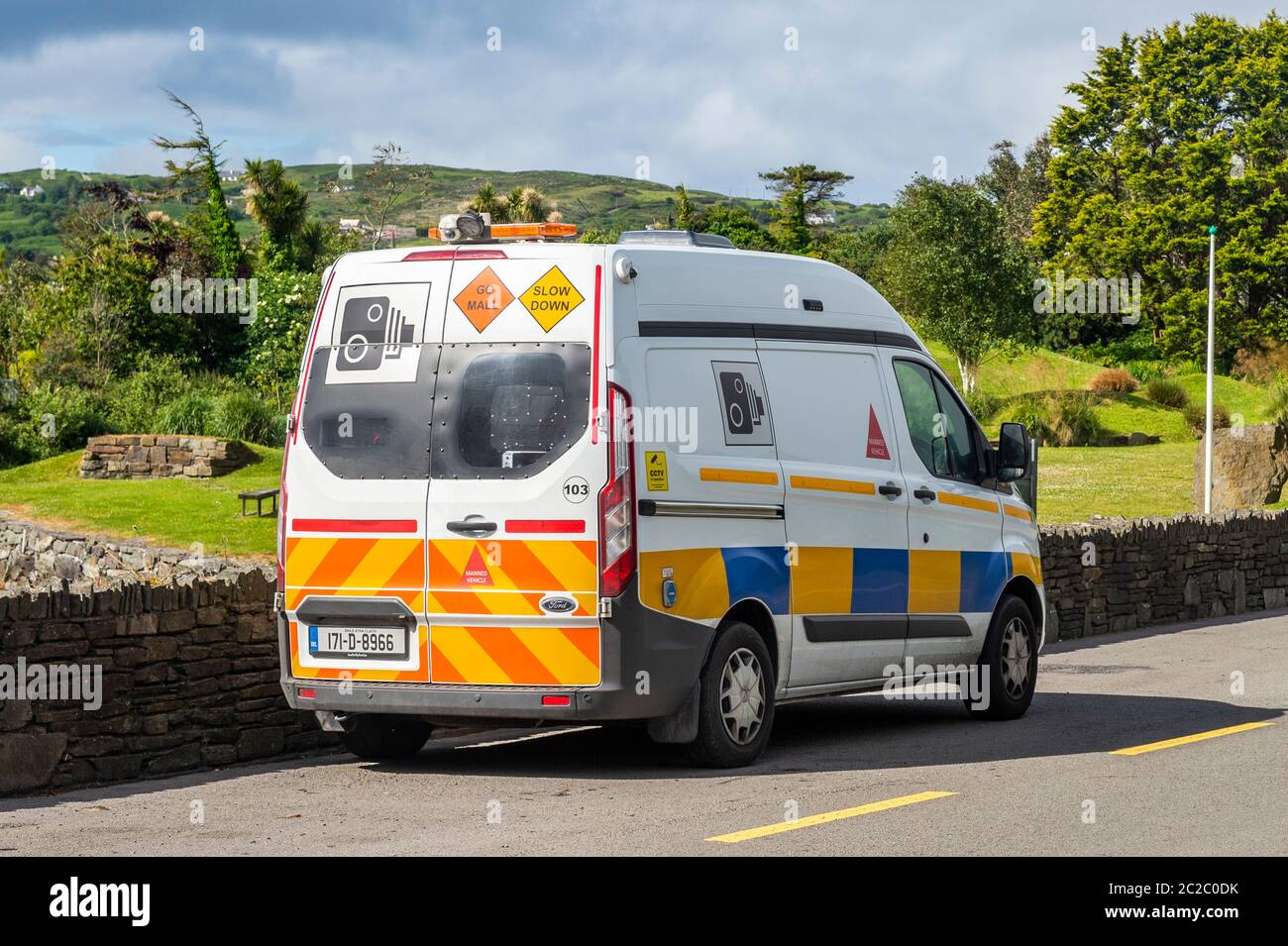 Irish Speed Van at the roadside catching speeding drivers in Schull, West Cork, Ireland. Stock Photo