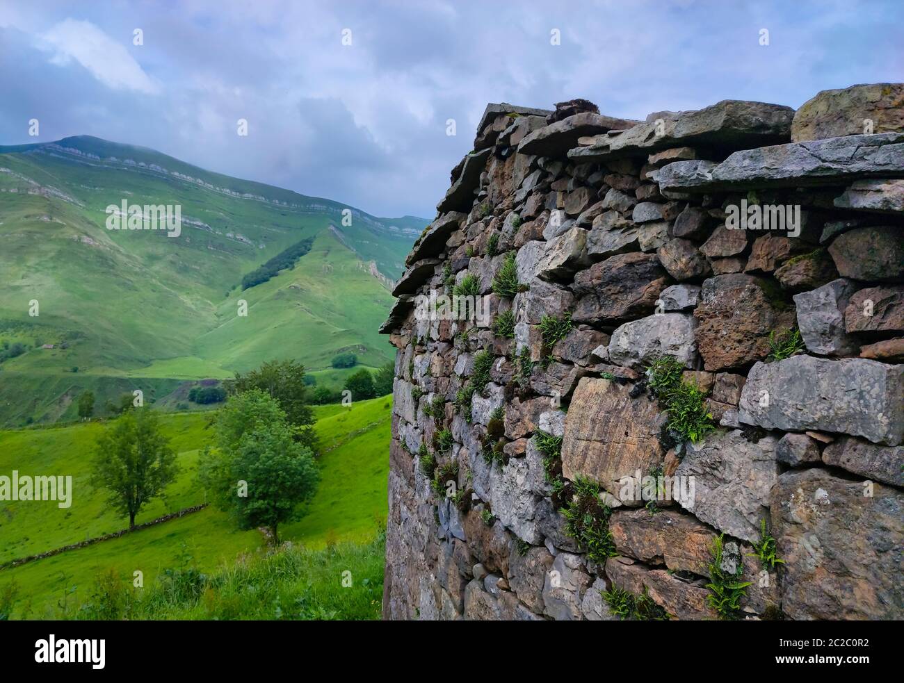 Spring landscape of pasiegas cabins and meadows in the Miera Valley in the Autonomous Community of Cantabria. Spain, Europe Stock Photo