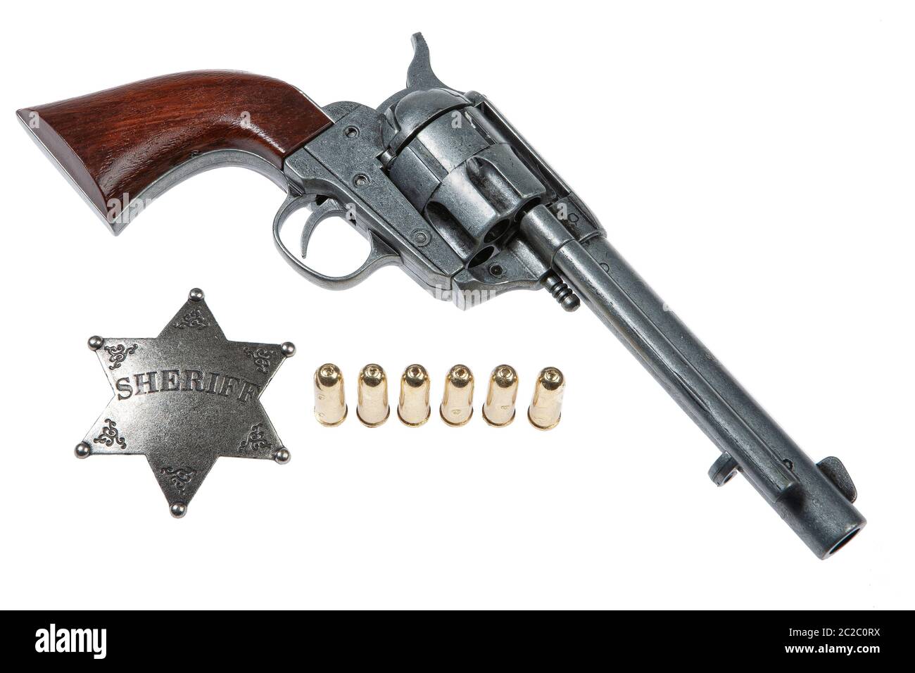 Old Revolver, Sheriff Star And Bullets Stock Photo