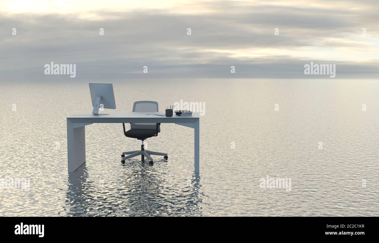 The workplace is on the surface of a calm sea or ocean. Dropshipping or ...