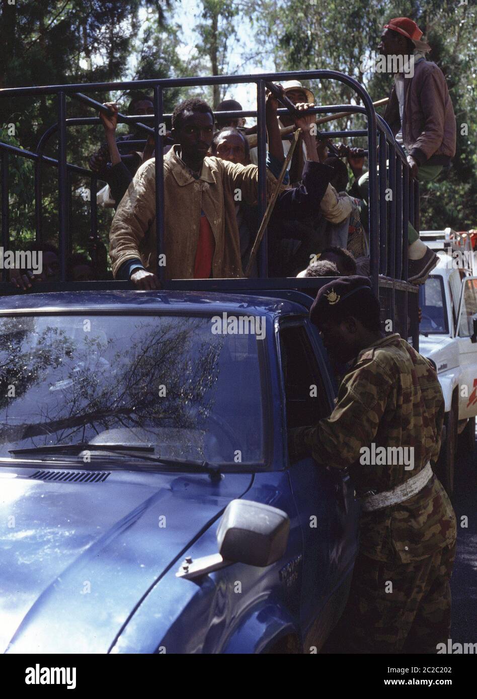 Tutsi refugees fleeing Rwanda stopped at Burundi checkpoint 1994 Stock