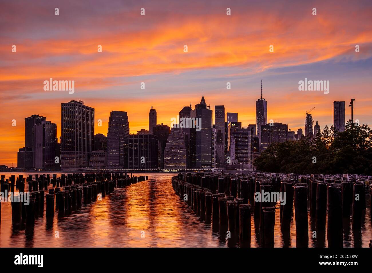 Sunset at Lower Manhattan Skyline, New York United States Stock Photo