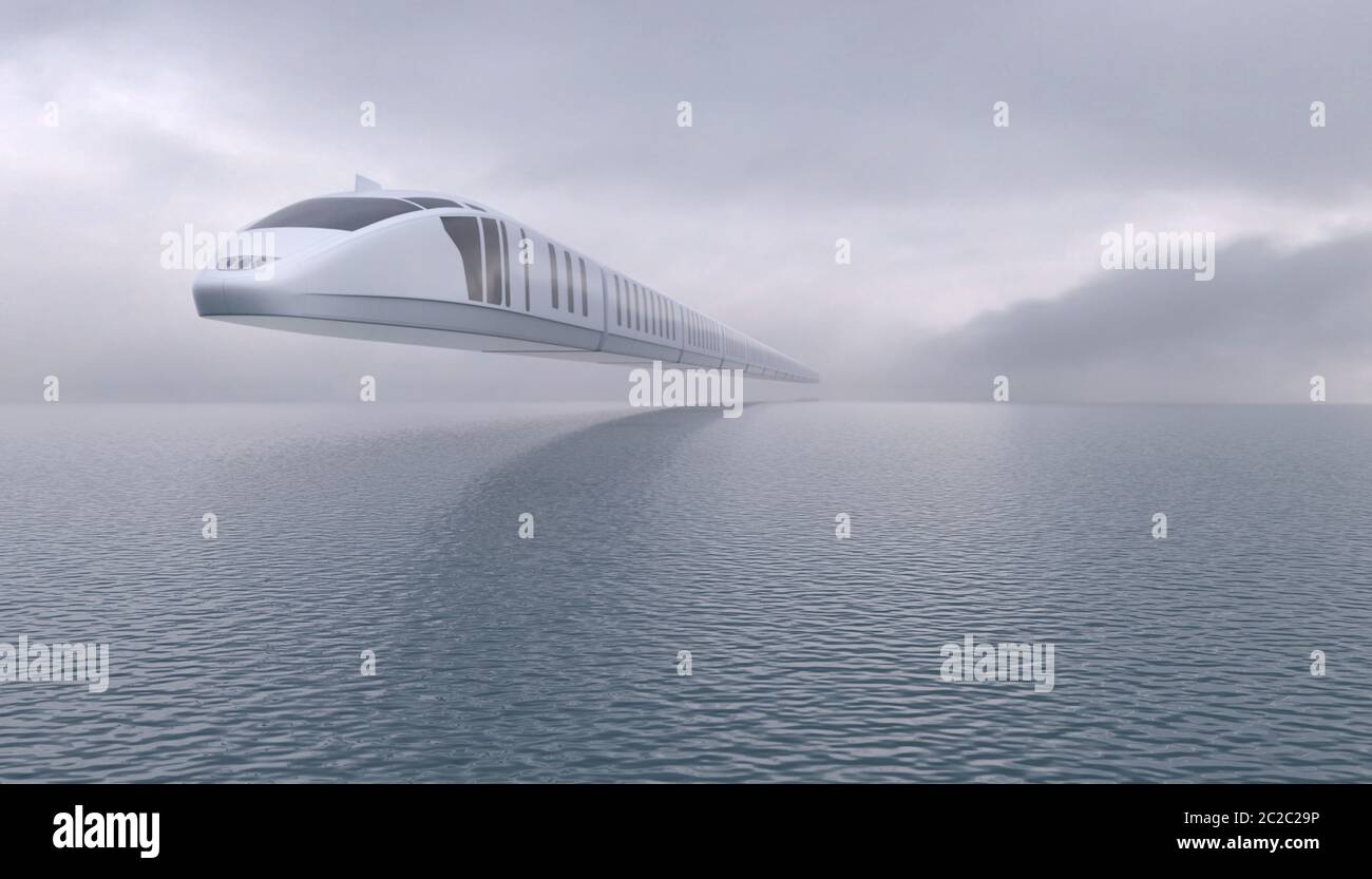 Futuristic train flies over the surface of the water on an air route. Flying transport of the future. Environmentally friendly technology. Conceptual Stock Photo