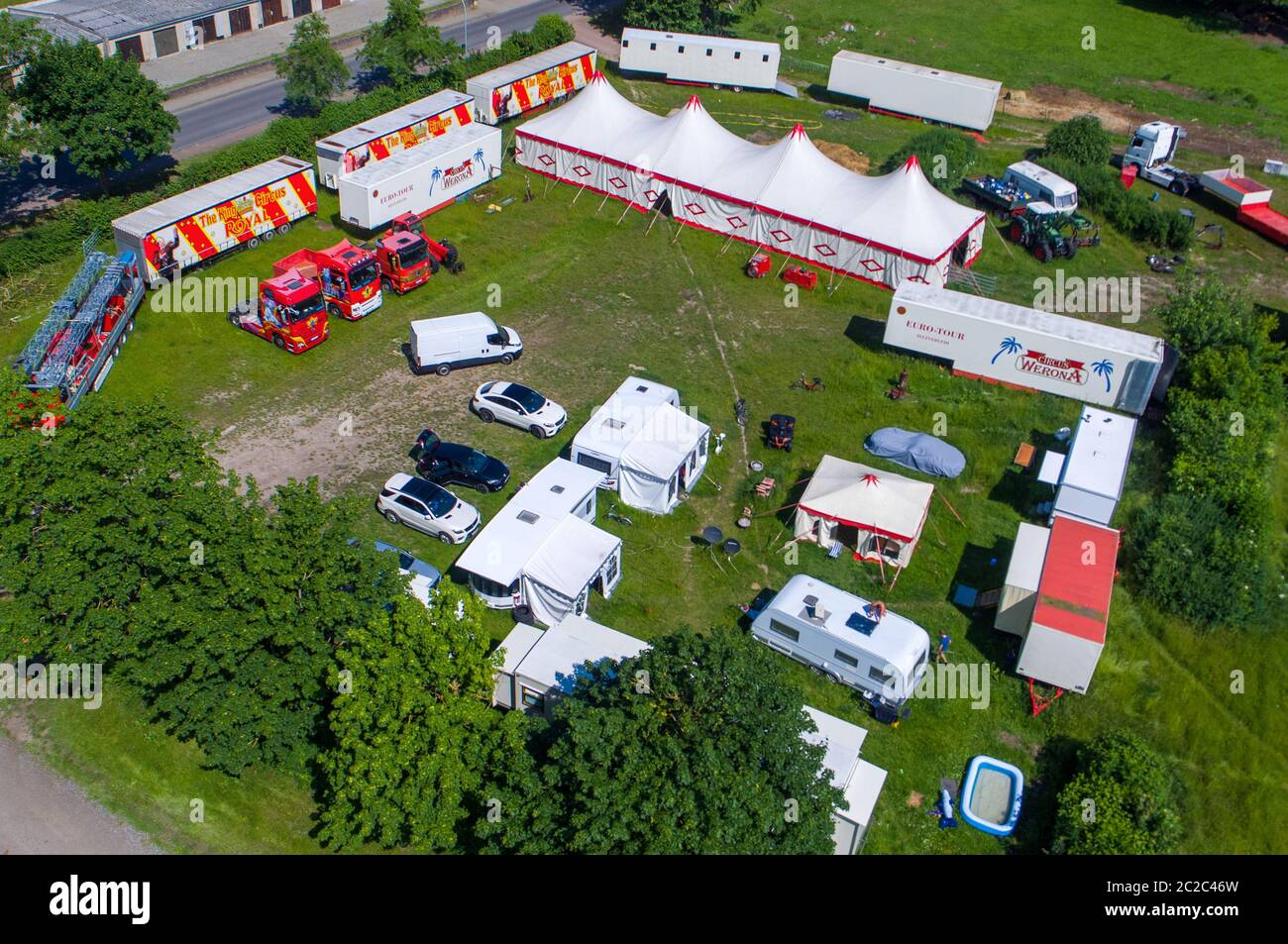 17 June Mecklenburg Western Pomerania Gadebusch Caravans And Tents For The Accommodation Of The Animals Are On The Site Of The Winter Quarters Of Circus Royal Aerial View With A Drone The 17 June Mecklenburg Western Pomerania Gadebusch Caravans And Tents For The Accommodation Of The Animals Are On The Site Of The Winter Quarters Of Circus Royal Aerial View With A Drone The