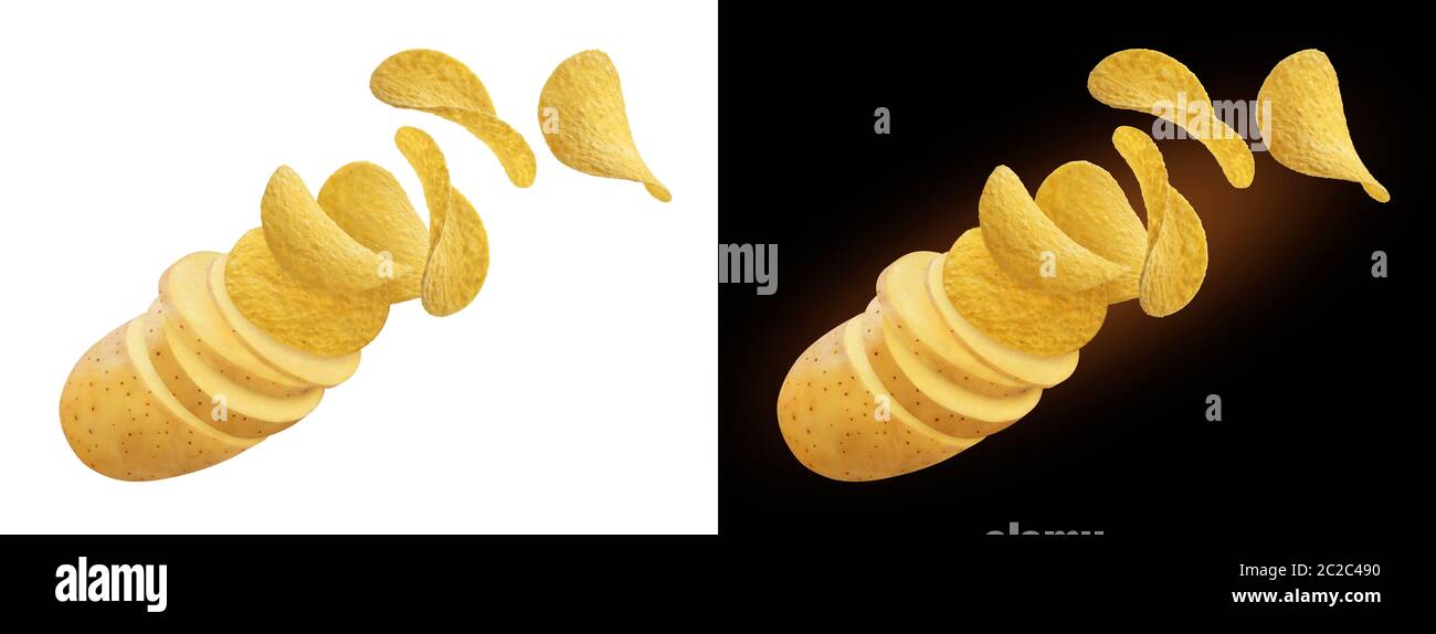 Potato slices turning into flying potato chips isolated on white and