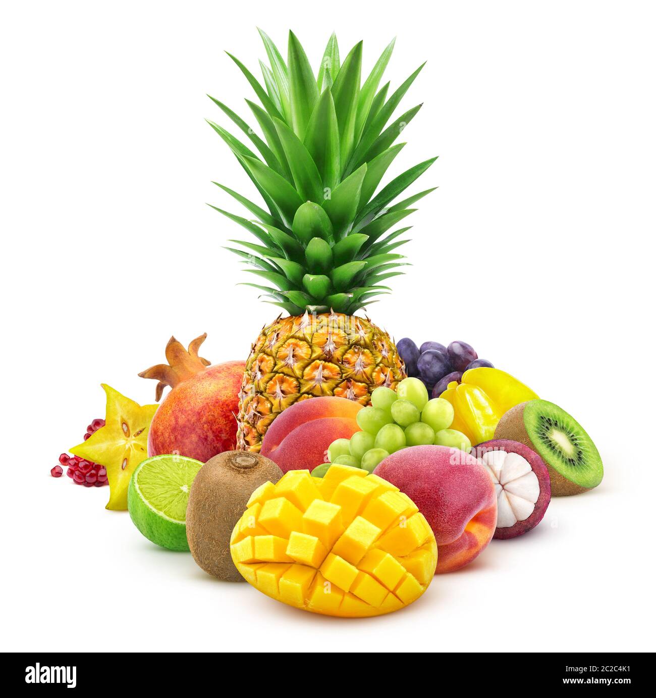 Tropical fruits whole and cut isolated on white background Stock Photo