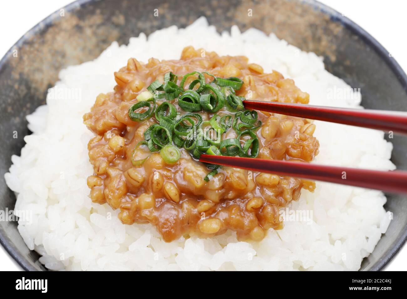 Japanese cooked white rice with Moromi miso on white background Stock Photo