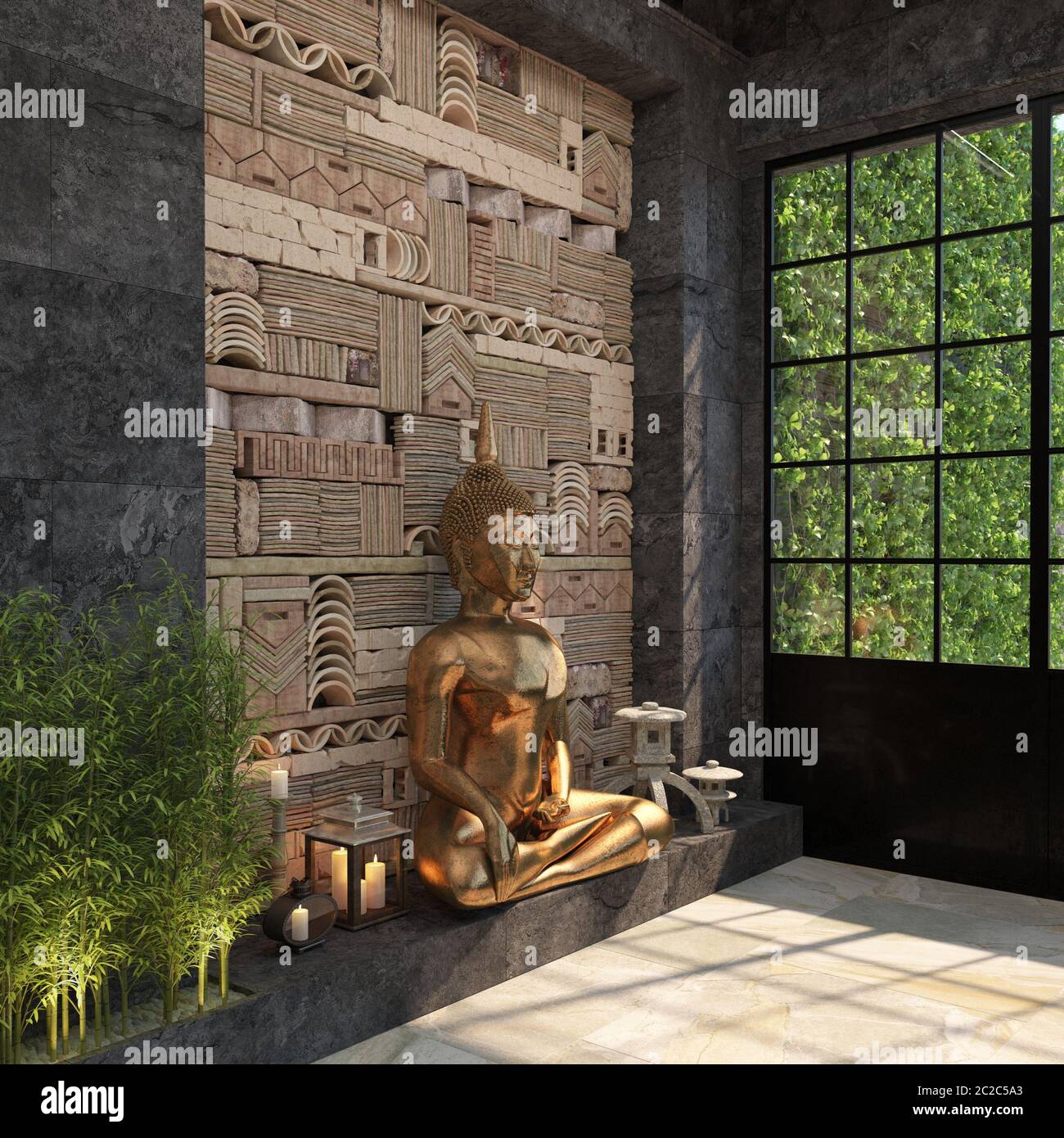 Home decor with a gold statue of Buddha against a black wall with ...