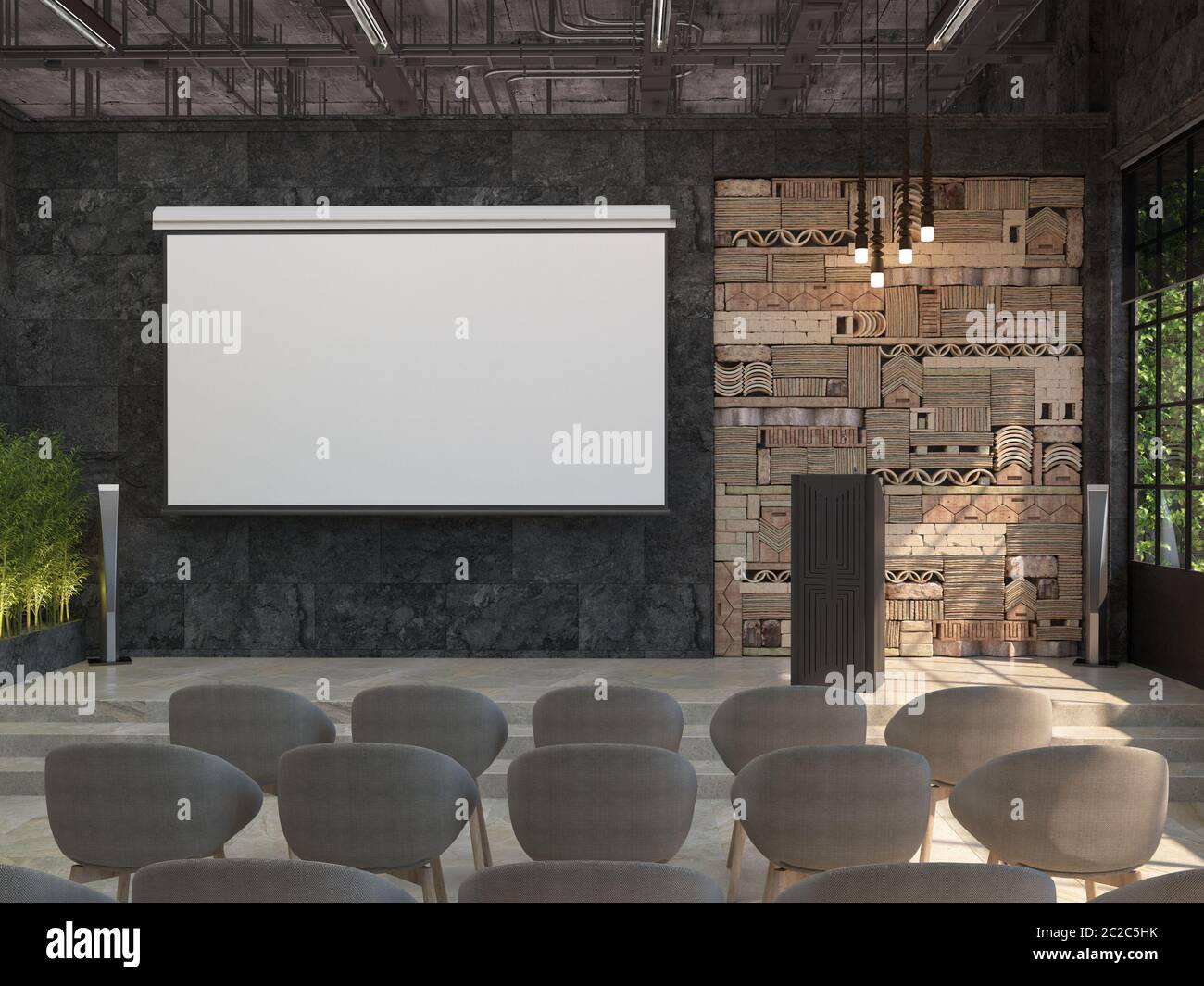 Download A Meeting Room With Blank White Screen For The Projector On The Black Wall The Interior Of The Conference Hall With A Stage And A Stand For Performan Stock Photo Alamy