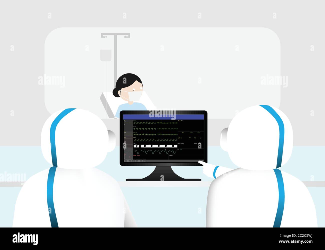 Concepts of doctors taking care covid-19 patient in isolation room. Doctors in professional protective equipment looking at vital signs monitor of cov Stock Vector