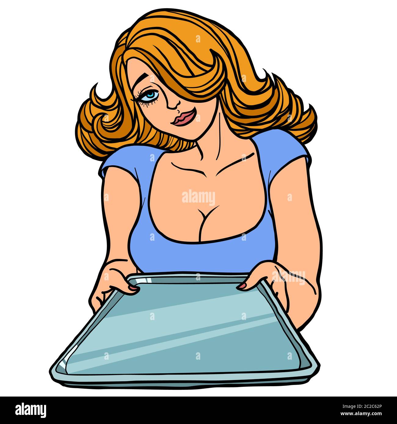 beautiful woman with an empty tray. Waiter service in a restaurant and bar. comic  cartoon pop art retro vector illustration drawing Stock Photo - Alamy