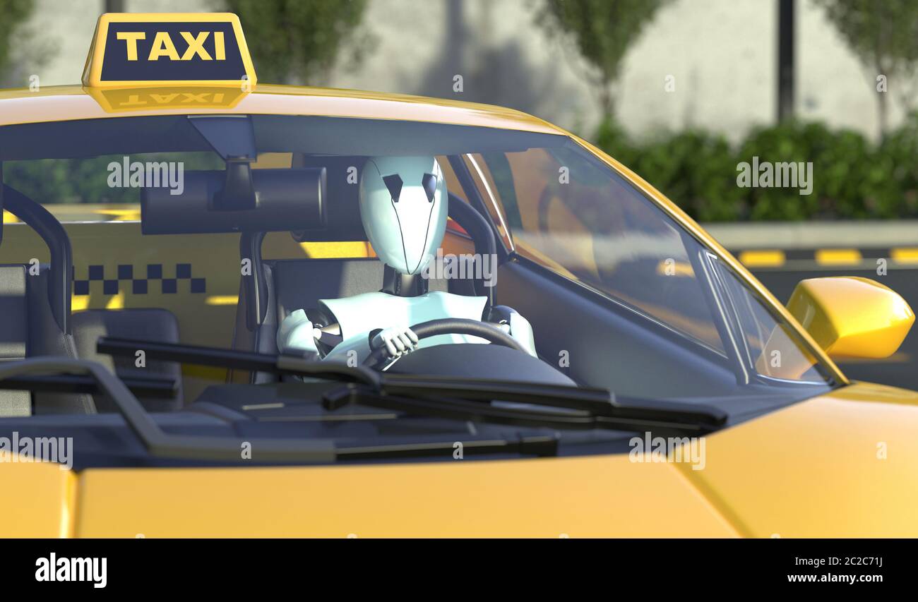 Robot taxi driver sits at the wheel of a yellow taxi. Car with autopilot. Future concept with smart robotics and artificial intelligence. 3D rendering Stock Photo