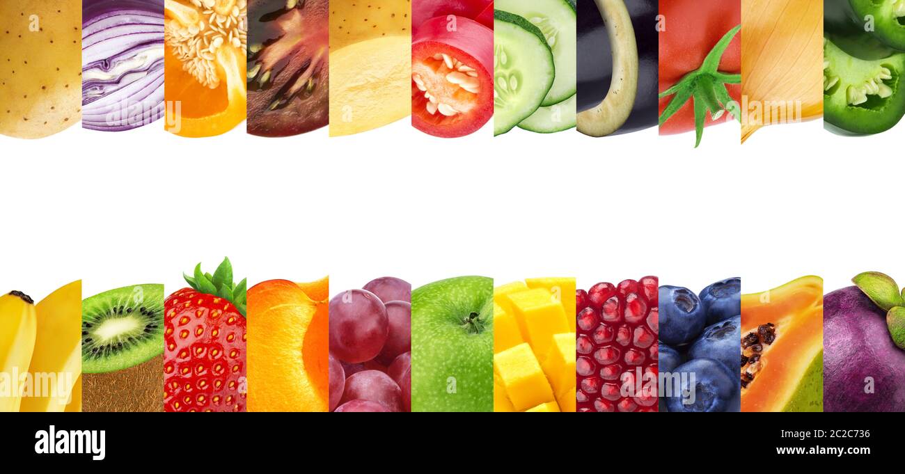 Wide collage of different fruits and vegetables isolated on white background with copy space Stock Photo