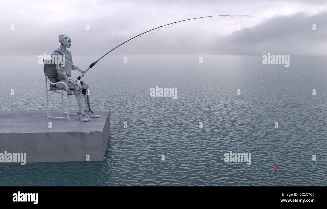 The robot is fishing with a fishing rod at sea. Future concept
